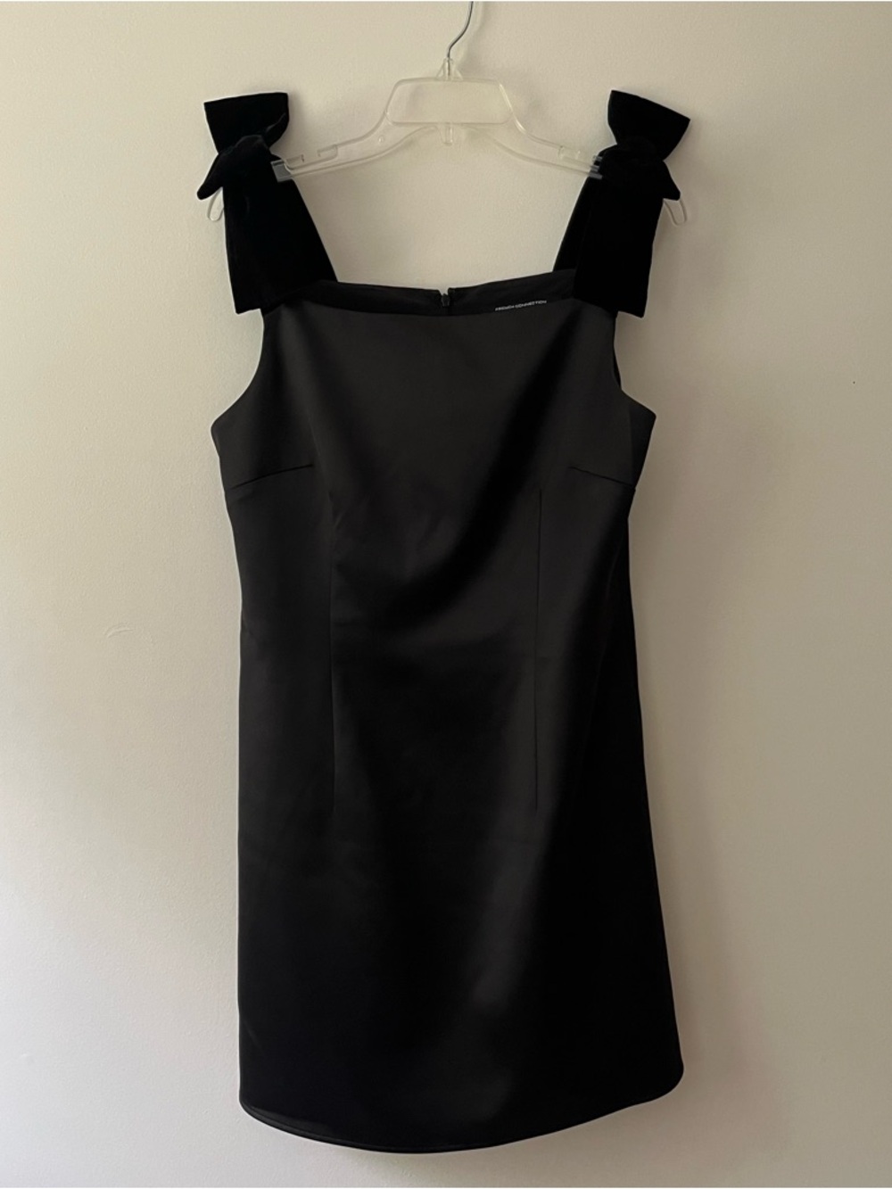 French Connection Black Satin Shift Cocktail Dress Velvet Bow Glam Wedding Guest